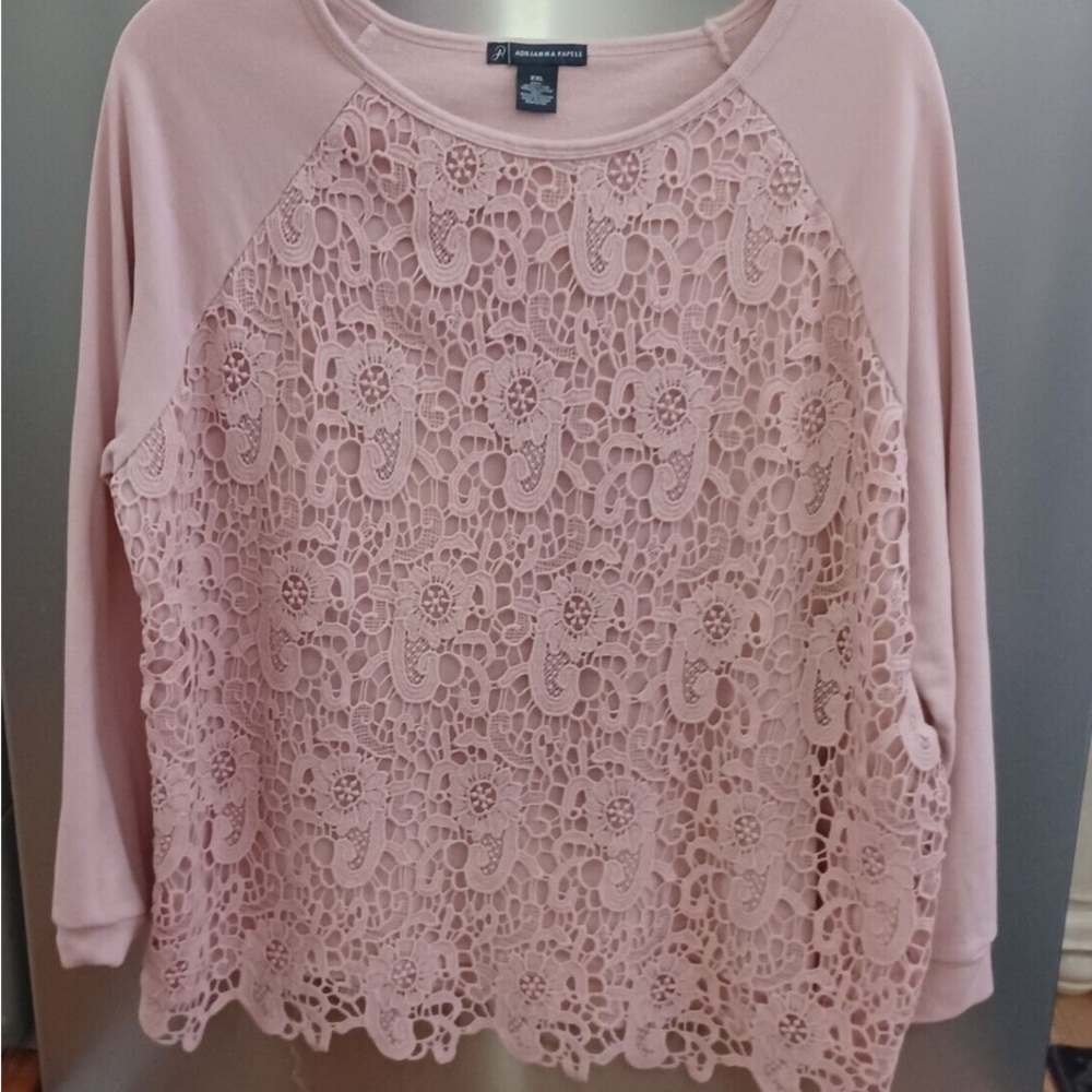 Adrianna Papell Blush Pink Crochet Front Sweatshirt/Sweater Lined, Long Sleeves